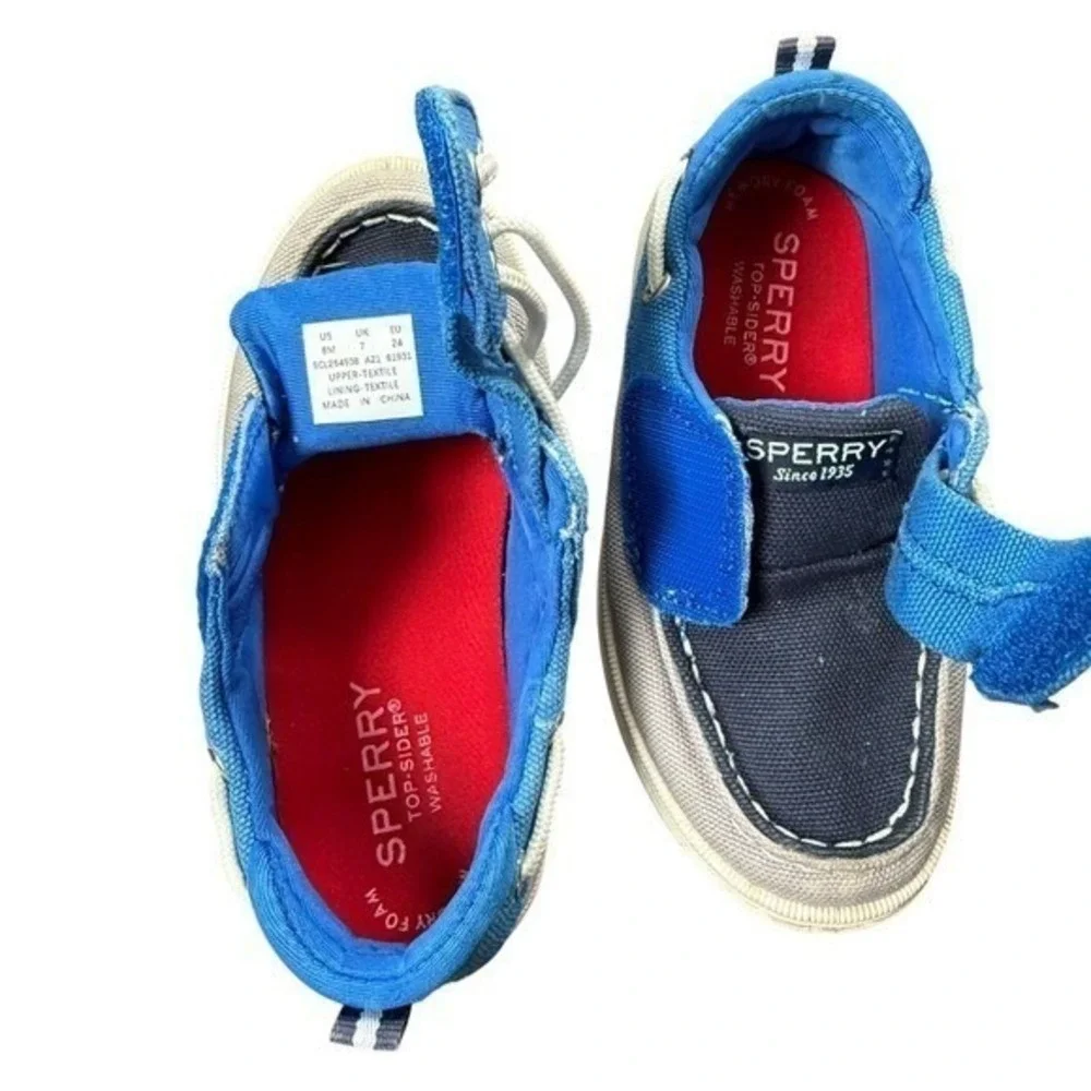 Sperry Toddler Boys 8M Blue Canvas Boat Shoes Lace Up Preppy Coastal Fisherman